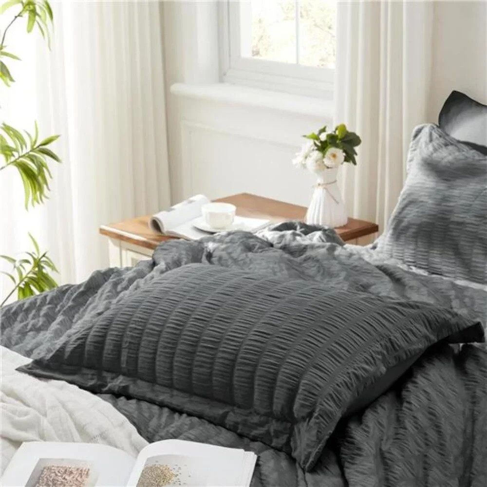 New Full Comforter Set 7 Pieces, Dark Grey Seersucker Bed in a Bag
